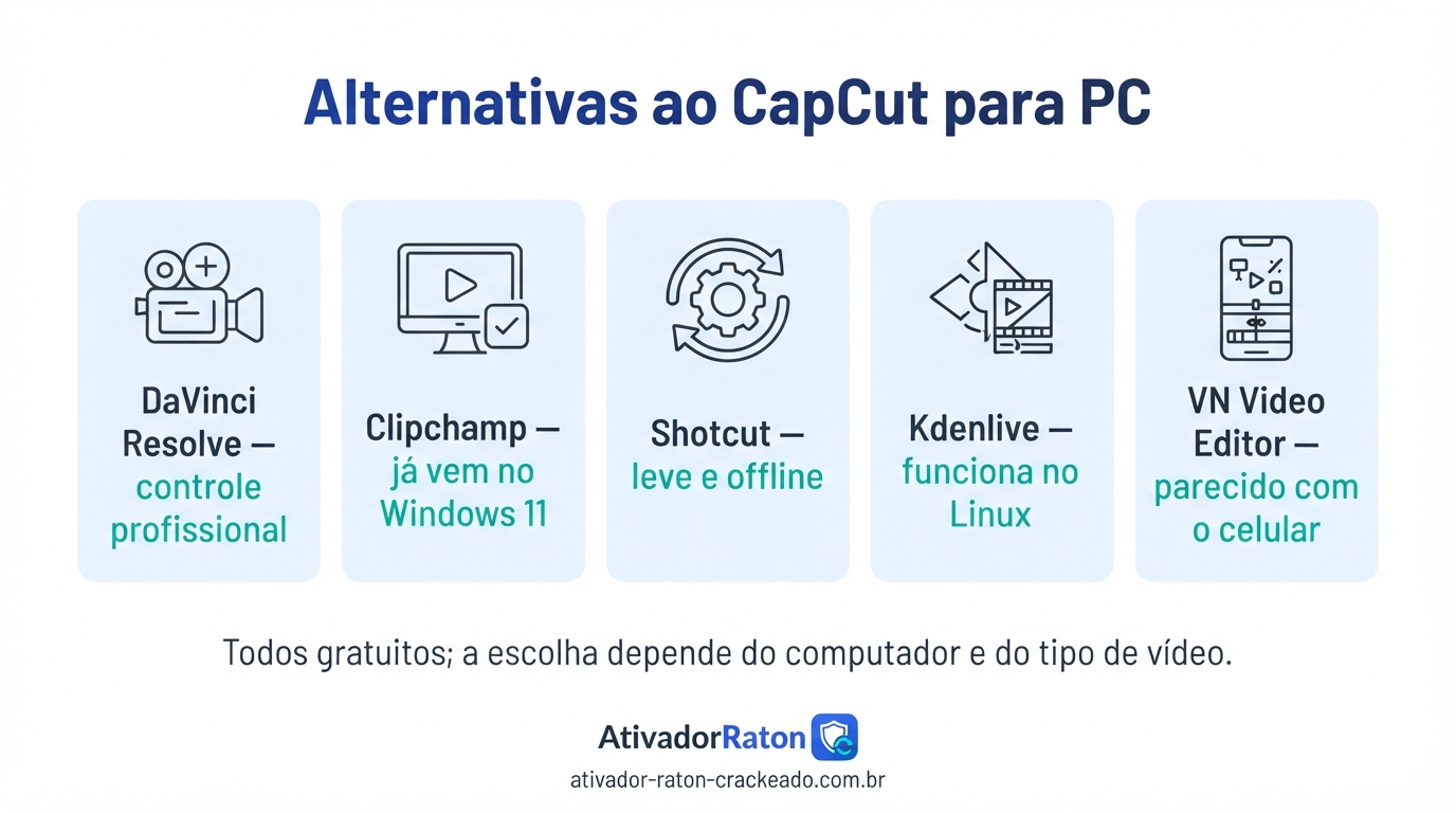 CapCut para PC: Como Baixar, Instalar e Usar o Editor no Windows e no Mac Gratis Download - AtivadorRatonCrackeado Alternativas ao CapCut para PC: DaVinci Resolve para controle profissional, Clipchamp já incluído no Windows 11, Shotcut leve e offline, Kdenlive para Linux e VN Video Editor com fluxo parecido com o do celular.