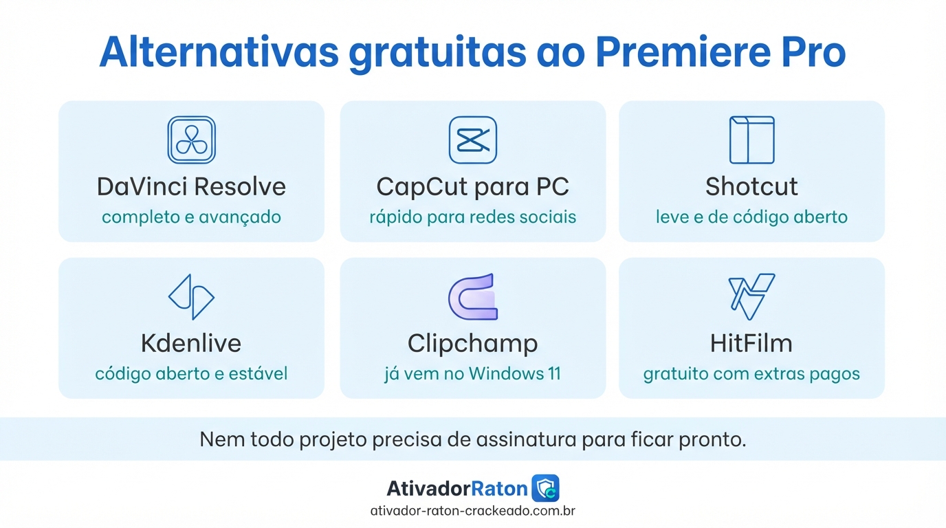 Adobe Premiere Pro 2024: Guia Completo de Recursos, Versões, Requisitos e Como Usar Gratis Download - AtivadorRatonCrackeado Alternativas gratuitas ao Adobe Premiere Pro: DaVinci Resolve, CapCut para PC, Shotcut, Kdenlive, Clipchamp e HitFilm, com a vantagem principal de cada um.