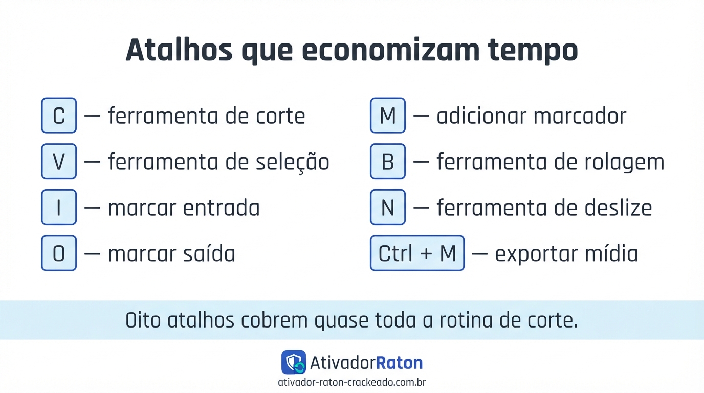Adobe Premiere Pro 2024: Guia Completo de Recursos, Versões, Requisitos e Como Usar Gratis Download - AtivadorRatonCrackeado Atalhos do Adobe Premiere Pro: oito teclas essenciais — C para corte, V para seleção, I e O para marcar entrada e saída, M para marcador, B para rolagem, N para deslize e Ctrl + M para exportar.