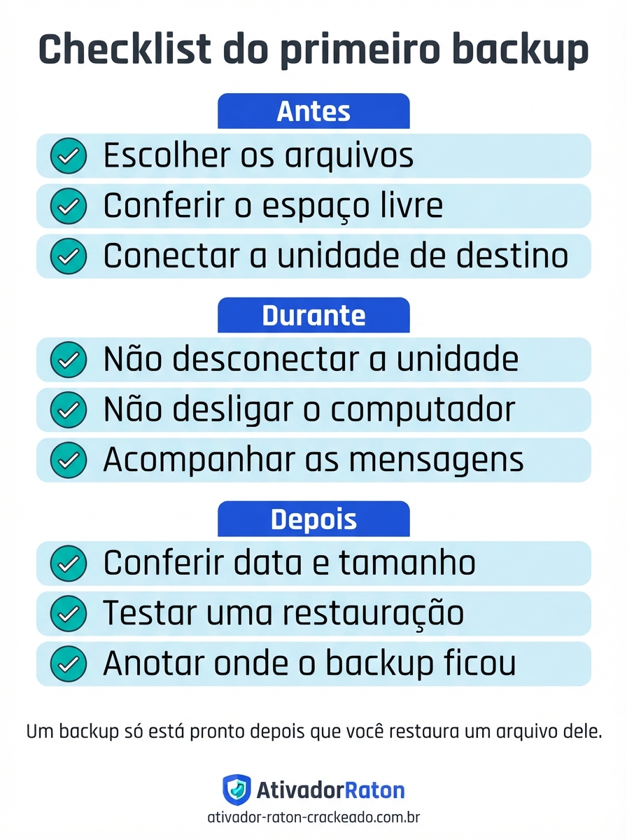 Checklist do primeiro backup: antes (escolher arquivos, conferir espaço, conectar unidade), durante (não desconectar, não desligar, acompanhar mensagens) e depois (conferir data e tamanho, testar restauração, anotar o local).
