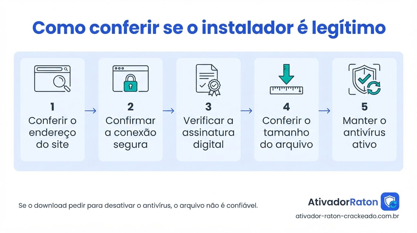 Como conferir se o instalador do EaseUS Todo Backup Free é legítimo: cinco passos — conferir o endereço do site, confirmar a conexão segura, verificar a assinatura digital, conferir o tamanho do arquivo e manter o antivírus ativo.