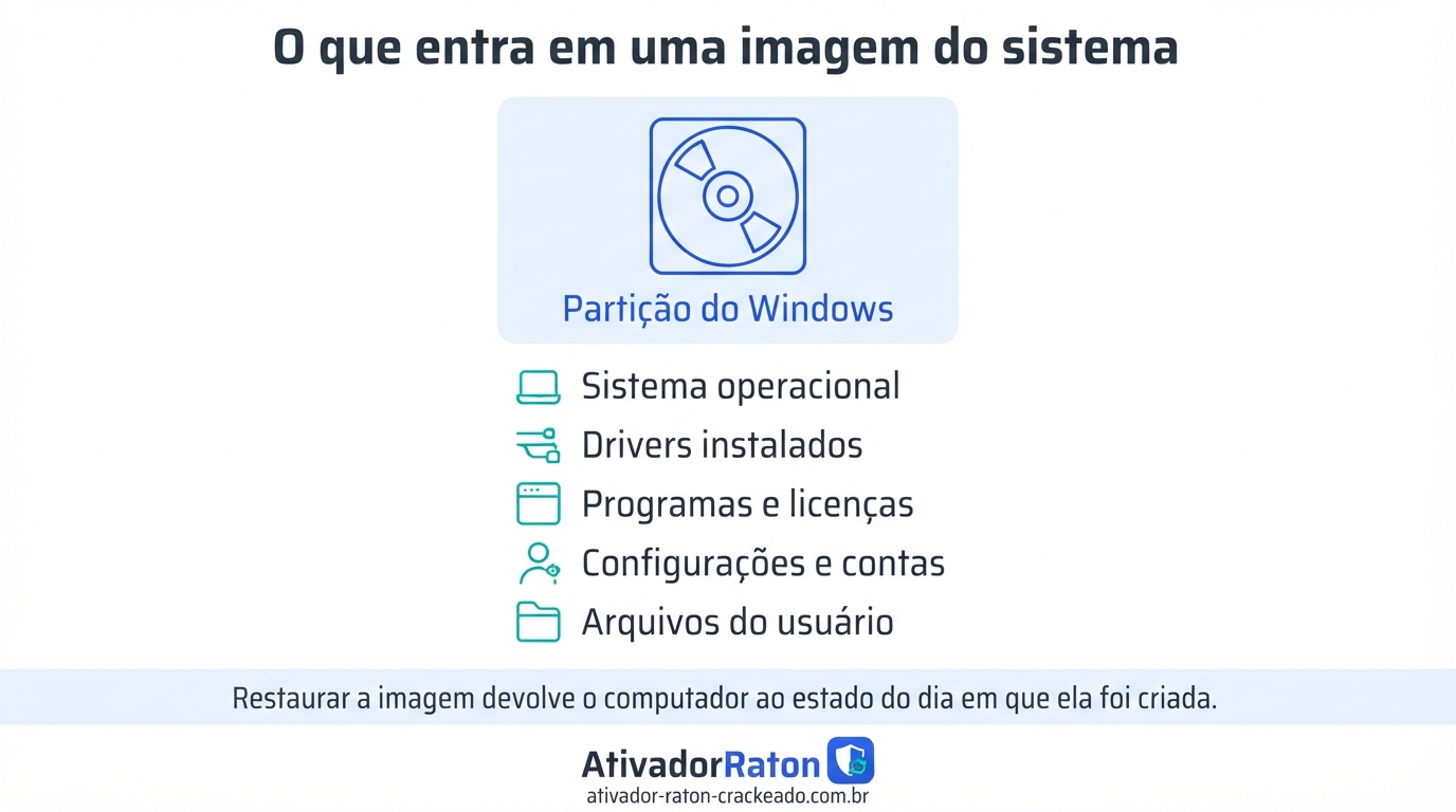 Imagem do sistema no EaseUS Todo Backup: o que entra na cópia — partição do Windows, sistema operacional, drivers instalados, programas e licenças, configurações e contas e arquivos do usuário.