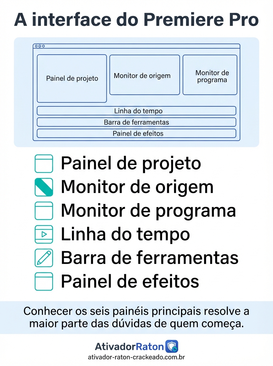 Adobe Premiere Pro 2024: Guia Completo de Recursos, Versões, Requisitos e Como Usar Gratis Download - AtivadorRatonCrackeado Interface do Adobe Premiere Pro: os seis painéis principais — painel de projeto, monitor de origem, monitor de programa, linha do tempo, barra de ferramentas e painel de efeitos.