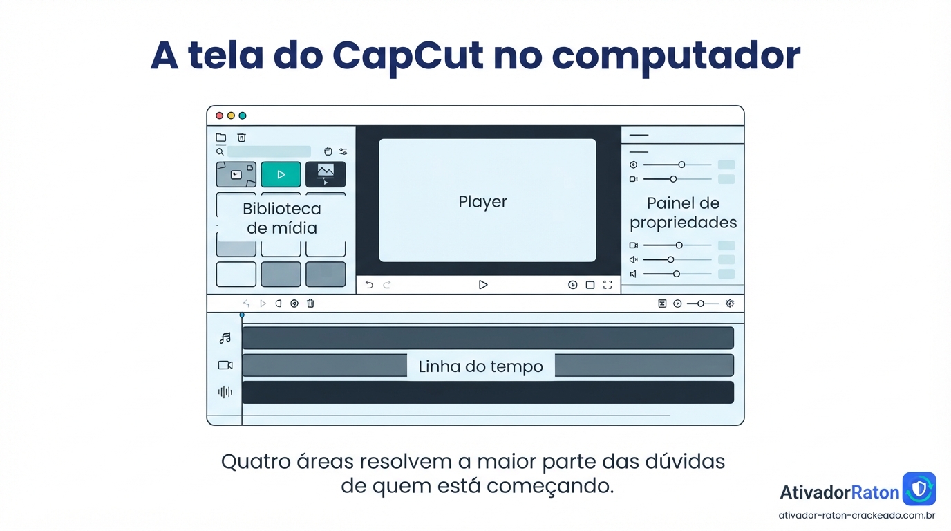CapCut para PC: Como Baixar, Instalar e Usar o Editor no Windows e no Mac Gratis Download - AtivadorRatonCrackeado Interface do CapCut para PC: janela de edição com a biblioteca de mídia à esquerda, o player ao centro, o painel de propriedades à direita e a linha do tempo ocupando a parte inferior.