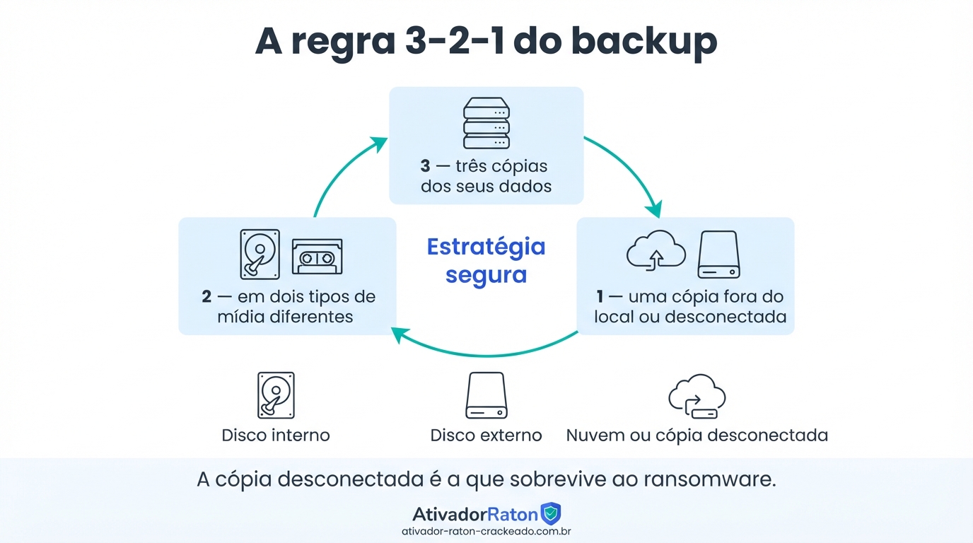 Regra 3-2-1 de backup: três cópias dos dados, em dois tipos de mídia diferentes e uma cópia fora do local ou desconectada, com disco interno, disco externo e nuvem.
