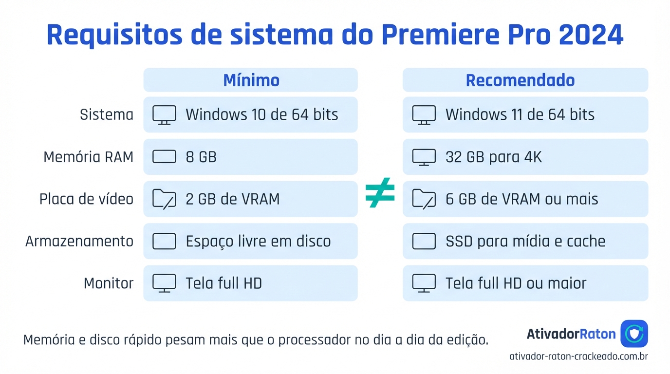 Adobe Premiere Pro 2024: Guia Completo de Recursos, Versões, Requisitos e Como Usar Gratis Download - AtivadorRatonCrackeado Requisitos de sistema do Adobe Premiere Pro 2024: comparação em duas colunas entre mínimo e recomendado para sistema, memória RAM, placa de vídeo, armazenamento e monitor, de 8 GB a 32 GB para 4K.